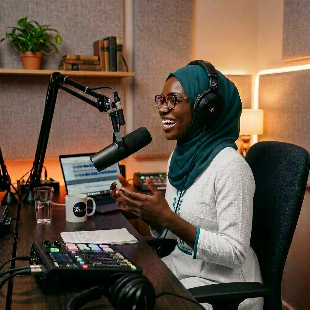 Podcast host recording lively episode Podcast host in green hijab and headphones speaking into microphone in studio